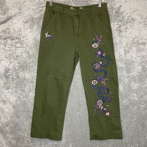 Organic Blue Women Embroidered Boho Fairy Grunge Wide Leg Crop Straight 30